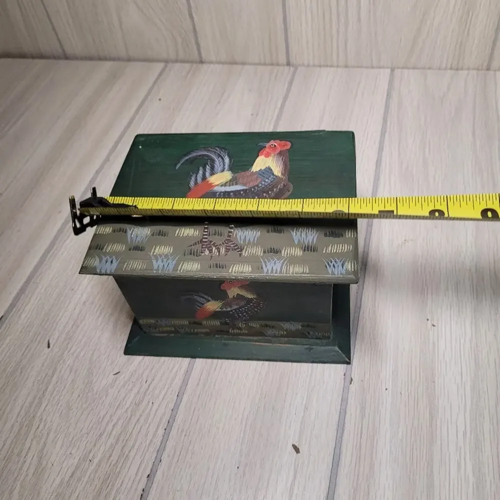 Vintage Han Painted Rooster Wood Recipe Box Bird Farmhouse Country Prairie